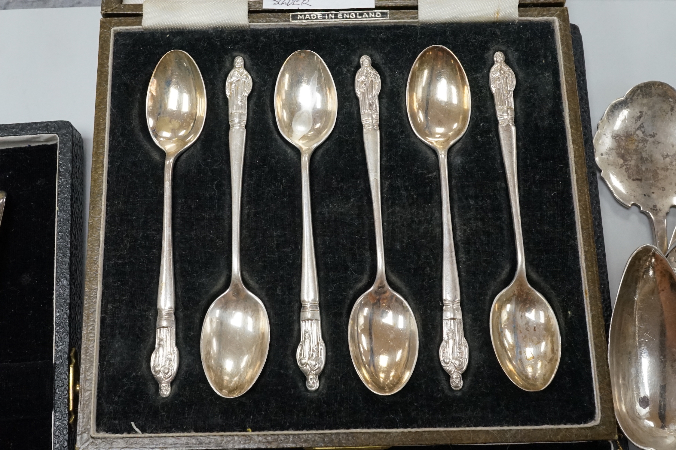 A quantity of assorted mainly 19th century and later silver flatware, various date and makers including three cased sets, 37.5oz.